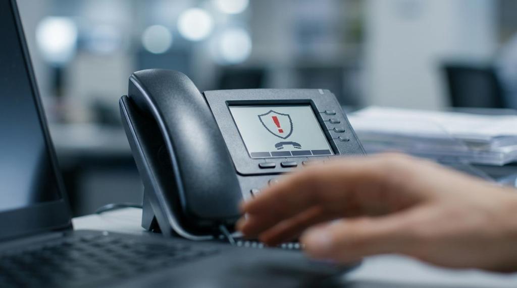 Business VoIP desk phone displaying a spam call security warning on screen, illustrating the caller ID authentication problem STIR/SHAKEN is designed to address