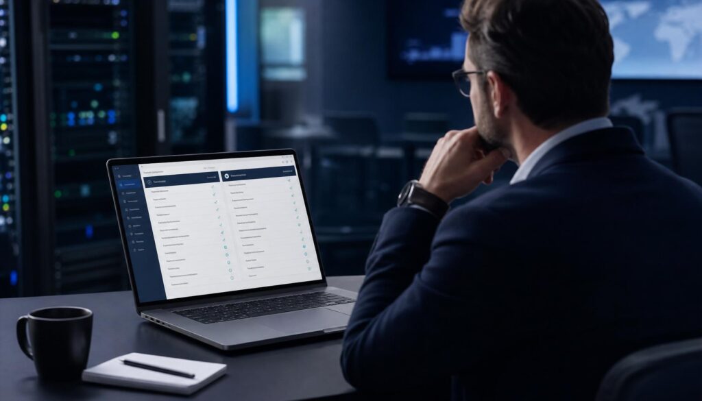 IT decision-maker reviewing a 3CX communications dashboard on a large monitor in a modern office environment