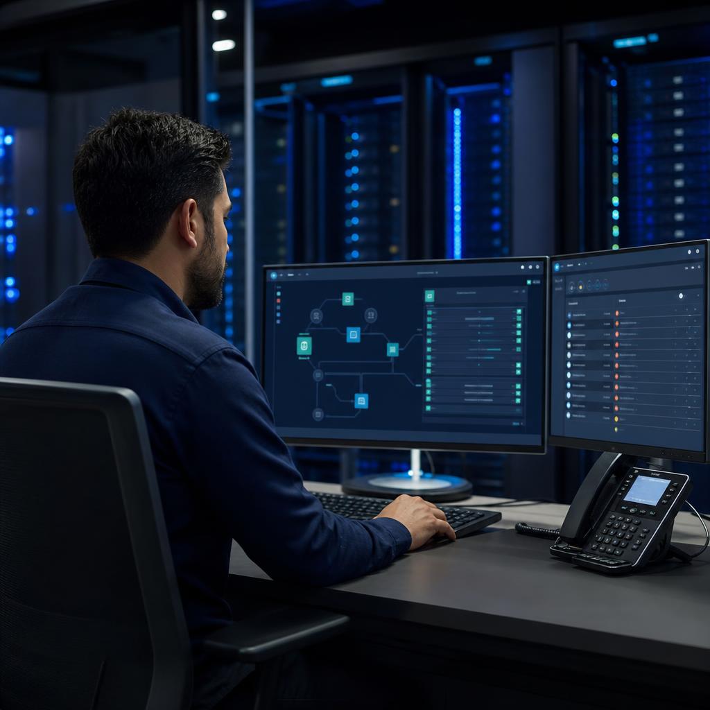 Business owner consulting with a VoIP specialist about upgrading their phone system, seated at a conference table with a laptop